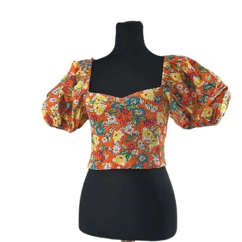 Zara Womens Balloon Sleeve Crop Top Flounce shirt l Orange Floral sz lg NWT - Picture 8 of 10
